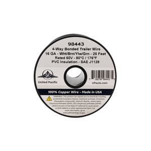 United Pacific - Trailer Wire Bonded - Rated 80 C 16 AWG 4-Way, Wht/Brn/Ylw/Grn 25 Ft.