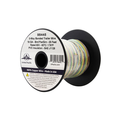 United Pacific - Trailer Wire Bonded - Rated 80 C 16 AWG 3-Way, Brn/Ylw/Grn 25 Ft.