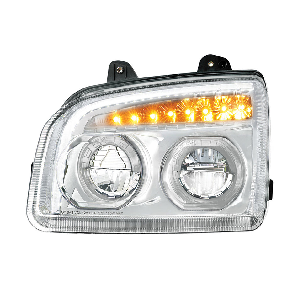 High Power LED Headlight W Turn Signal & Light Bar For 2015-2025 Kenworth T880 - Chrome or Black Housing (Driver or Passenger)