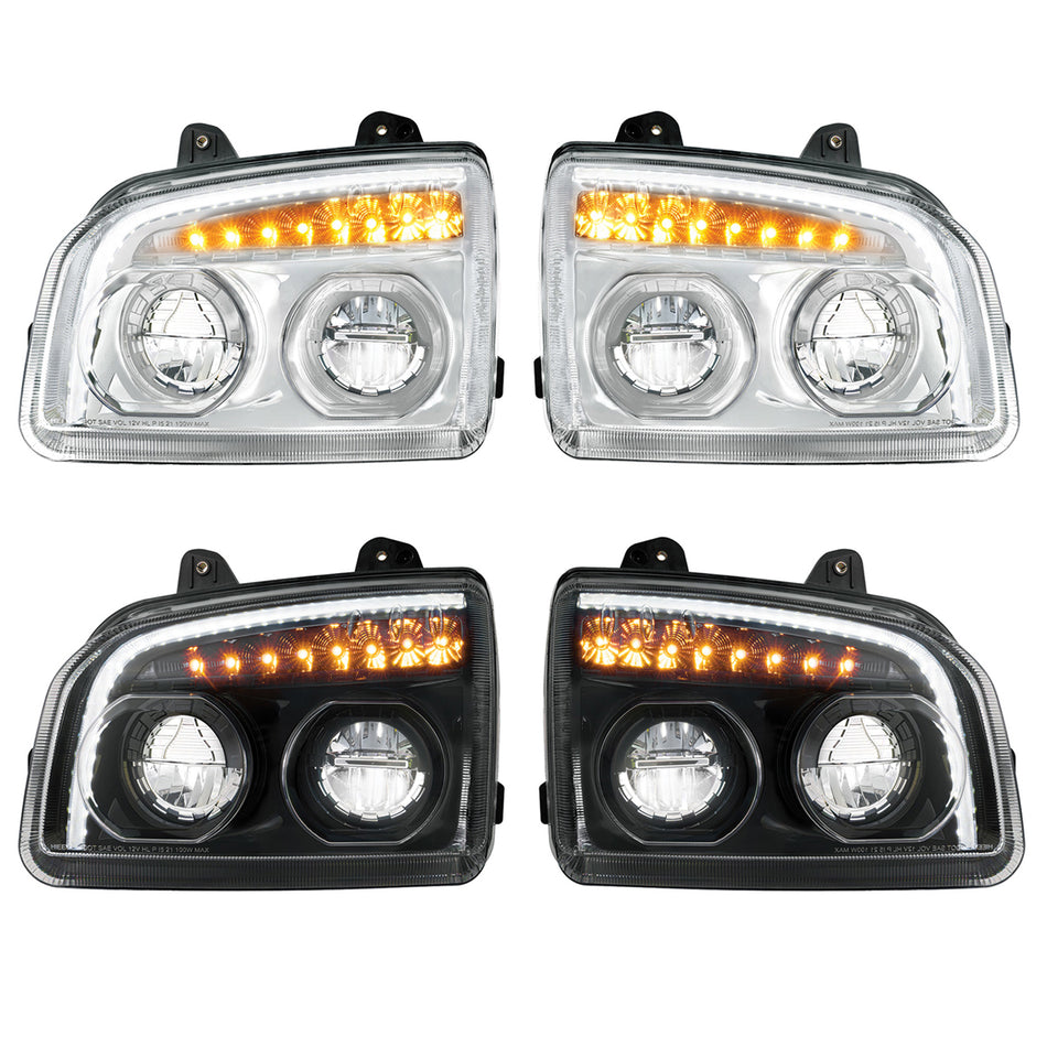 High Power LED Headlight W Turn Signal & Light Bar For 2015-2025 Kenworth T880 - Chrome or Black Housing (Driver or Passenger)