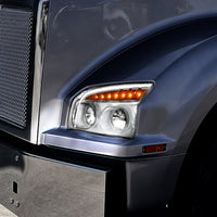 High Power LED Headlight W Turn Signal & Light Bar For 2015-2025 Kenworth T880 - Chrome or Black Housing (Driver or Passenger)