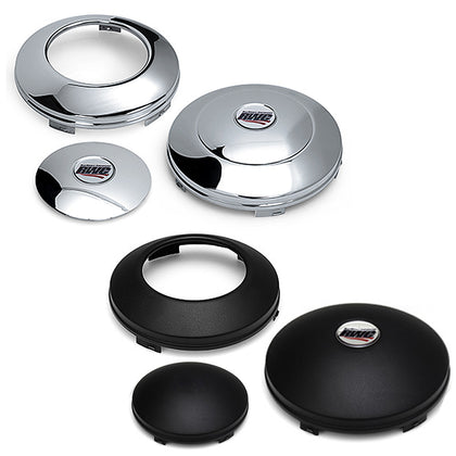 Universal Front "Baby Moons" Stainless Steel or Stealth Black Axle Covers - Open Center (w Logo)