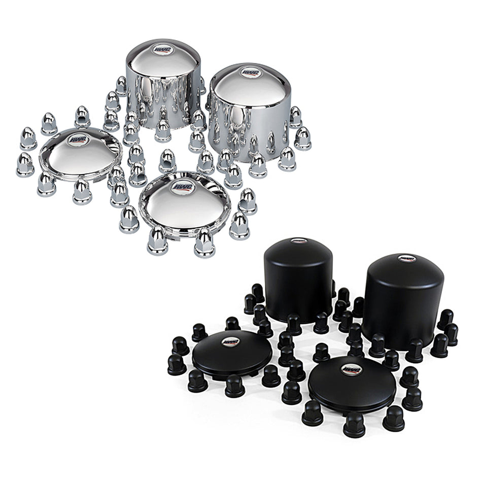 Single or Tandem Axle Stainless Steel Trim Kit & Lug Nut covers - Mirror Finish or Stealth Black - 4 or 6 Wheel Kit (w Logo)
