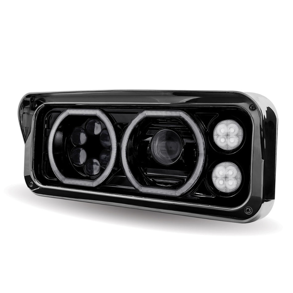 Universal LED Projector Headlight Assembly w Aux. Halo Rings & Housing - Passenger or Driver