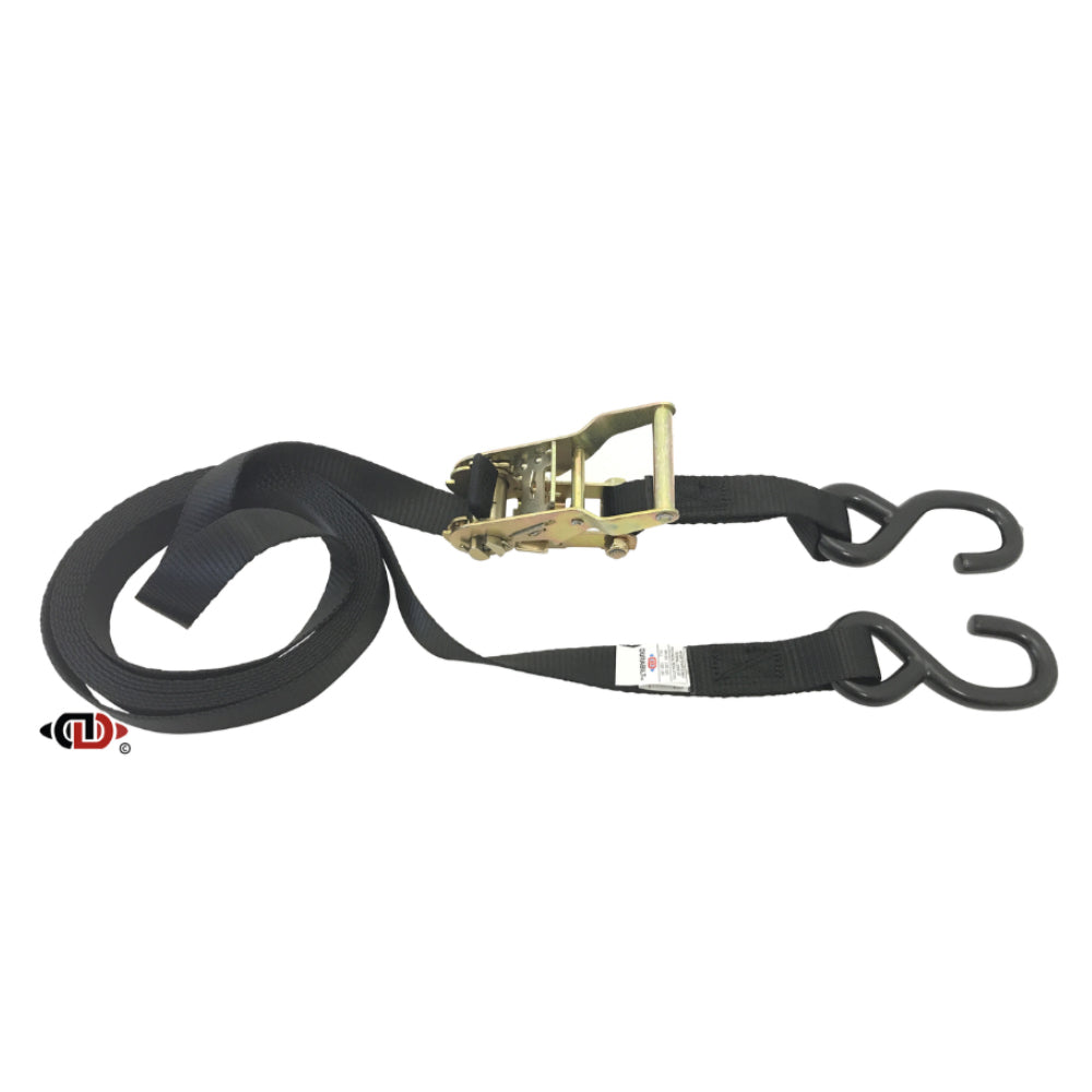 1″ x 16′ Utility Tie-Down Ratchet Strap w/ Vinyl Coated S-Hooks Each End. - Berube's Truck Accessories