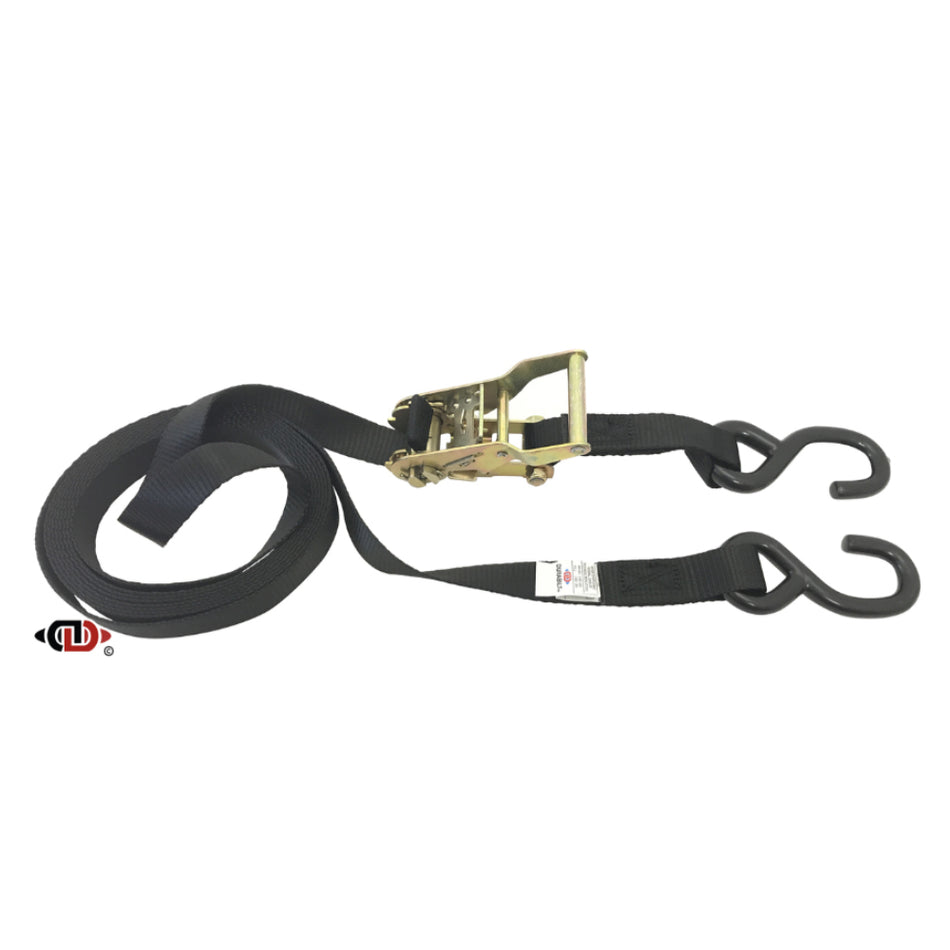1″ x 16′ Utility Tie-Down Ratchet Strap w/ Vinyl Coated S-Hooks Each End. - Berube's Truck Accessories