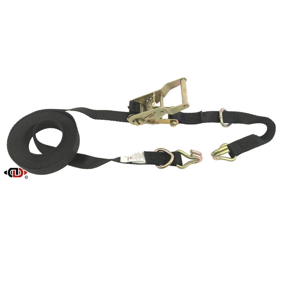 1″ x 16′ Utility Tie-Down Ratchet Strap w/ D-Rings and Wire J-Hooks Each End