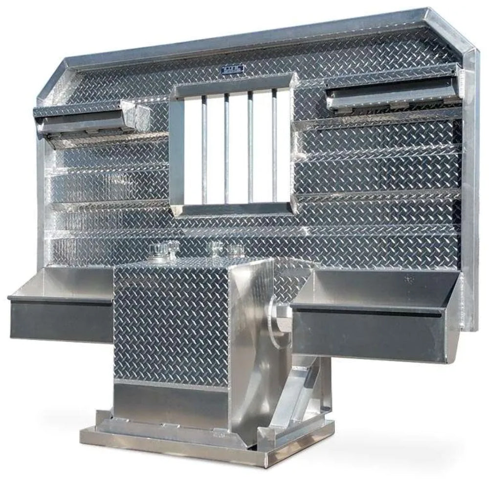 Iconic Metal Gear - 68" x 70" Hydraulic Tank & Headache Rack w Jail Bar Window & 2 Chain Hangers