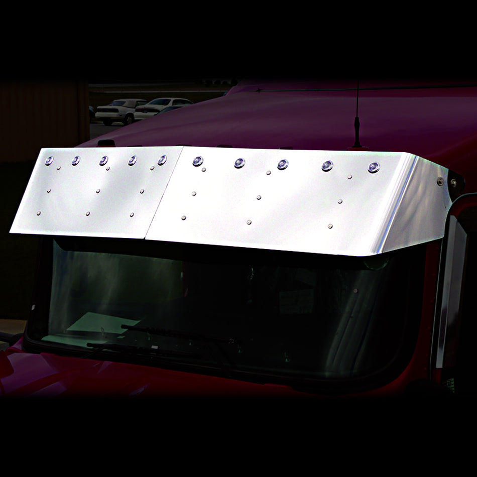 Kenworth 13" Drop Sun Visor Curved Glass w Cast Mirror Brackets & 10 Light Holes