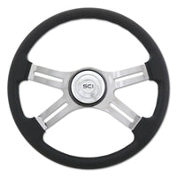 18" Black Classic Polyurethane or Leather Steering Wheel - Chrome 4-Spoke, Horn Button & Logo
