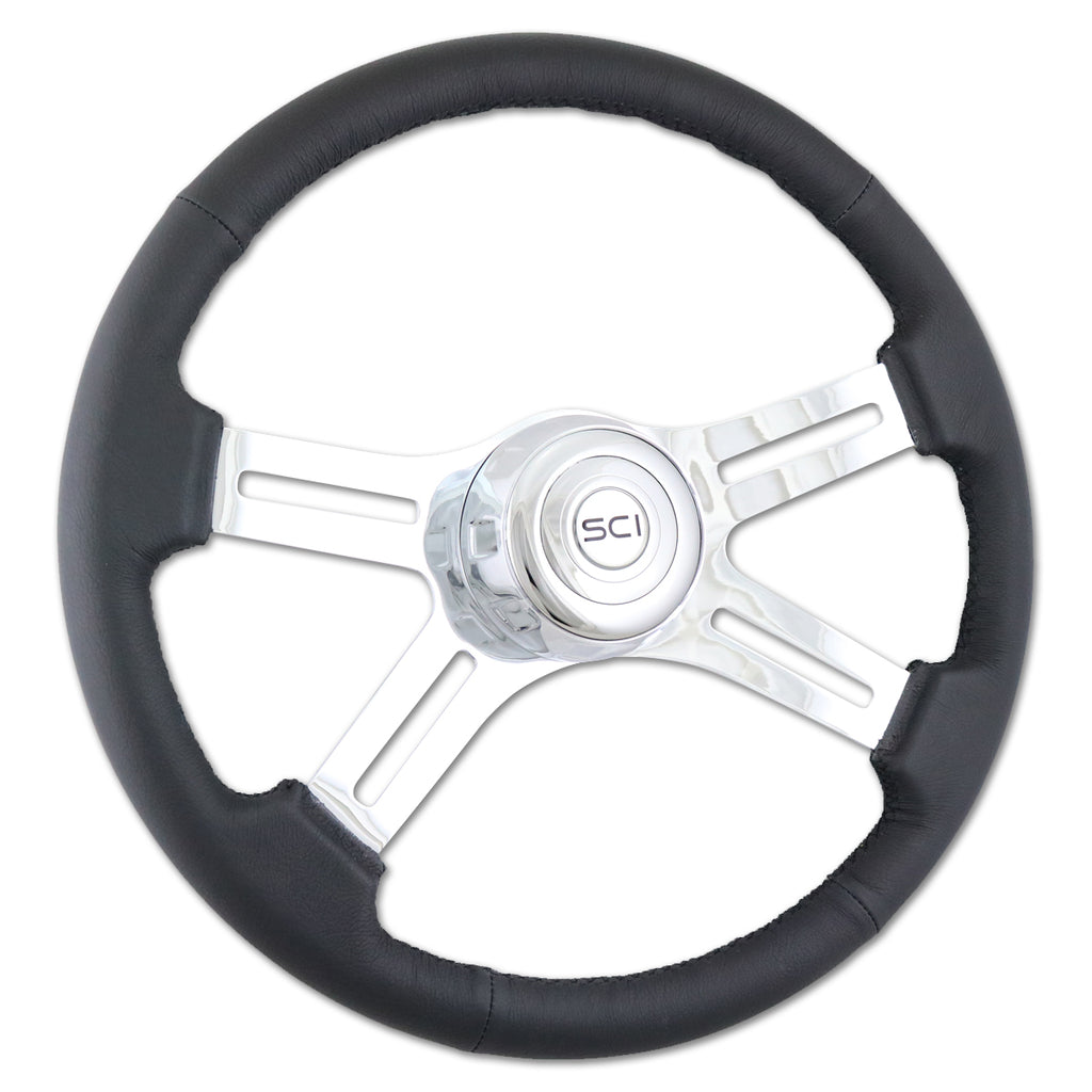 18" Black Classic Polyurethane or Leather Steering Wheel - Chrome 4-Spoke, Horn Button & Logo