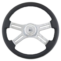 18" Black Classic Polyurethane or Leather Steering Wheel - Chrome 4-Spoke, Horn Button & Logo