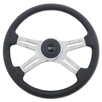 18" Black Classic Polyurethane or Leather Steering Wheel - Chrome 4-Spoke, Horn Button & Logo