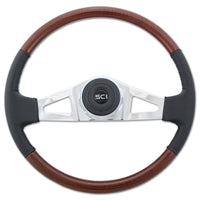 18" Classic Combo Leather & Burl Wood Rim Steering Wheel w Chrome 2-Spoke or 4-Spoke