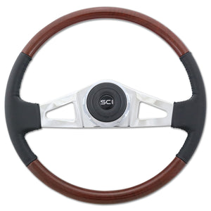 18" Classic Combo Leather & Burl Wood Rim Steering Wheel w Chrome 2-Spoke or 4-Spoke