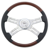 18" Classic Combo Leather & Burl Wood Rim Steering Wheel w Chrome 2-Spoke or 4-Spoke