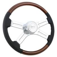 18" Classic Combo Leather & Burl Wood Rim Steering Wheel w Chrome 2-Spoke or 4-Spoke