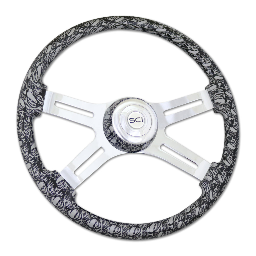 18" Printed Skulls Wood Rim Steering Wheel w/ Chrome 4-Spokes (Various Colors)