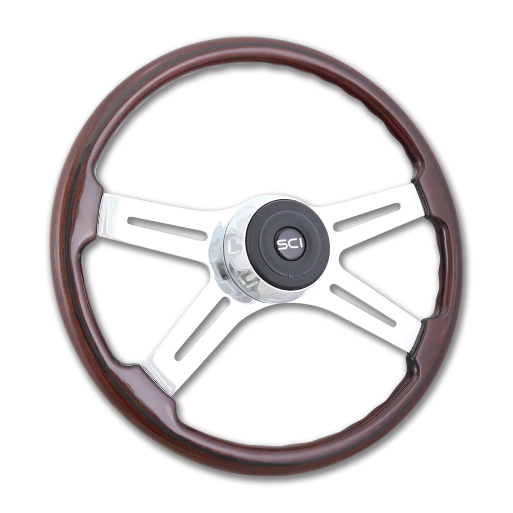 18" Eastwood or 20" Fury Mahogany Wood Rim Steering Wheel w/ Chrome 4-spokes