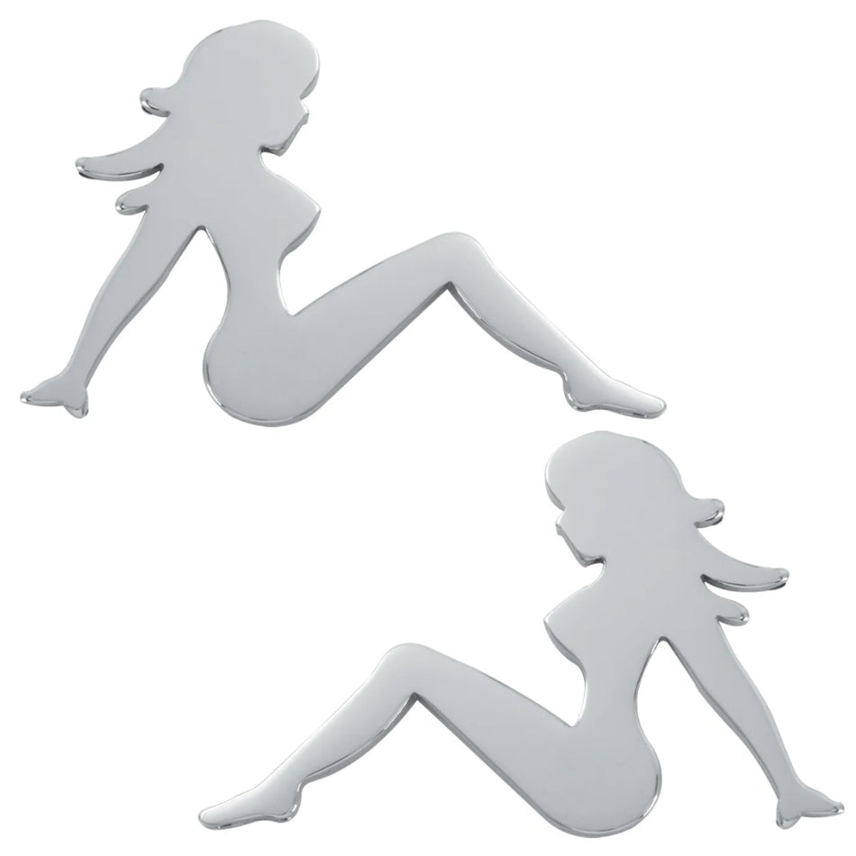 Chromed Steel "Sitting Nude Lady" Cut Out w 2 Mounting Studs