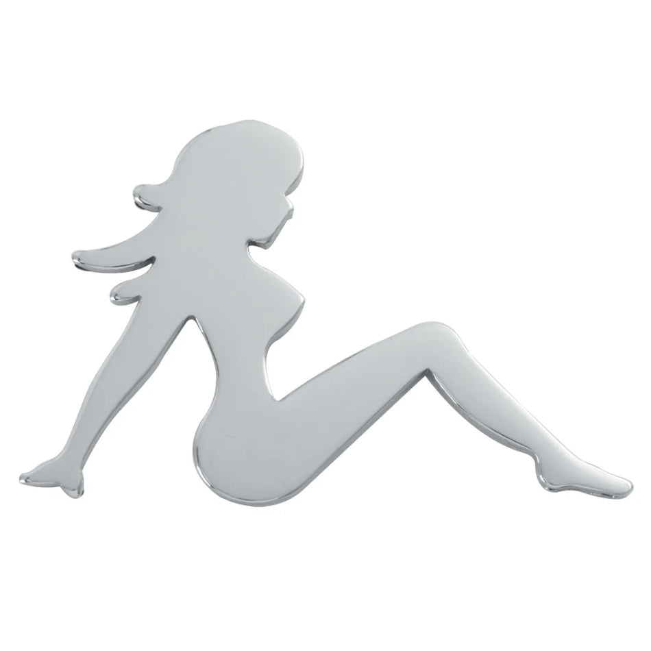 Chromed Steel "Sitting Nude Lady" Cut Out w 2 Mounting Studs