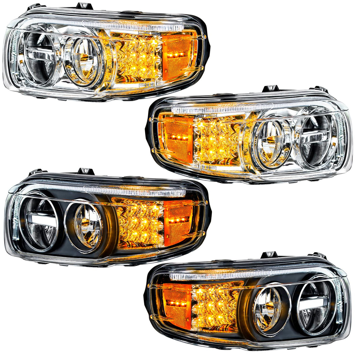 Peterbilt 388/389 Chrome or Blackout LED Headlight w LED Turn Signals
