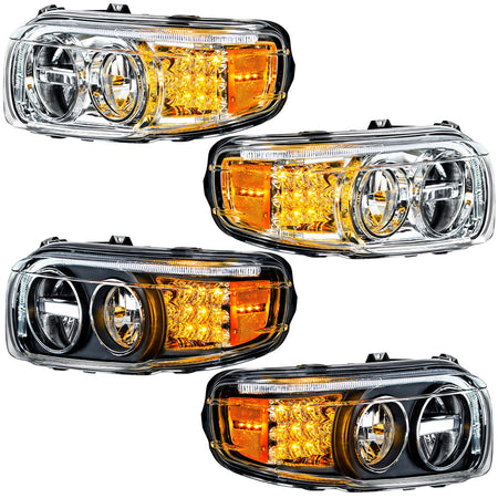 Peterbilt 388/389 Chrome or Blackout LED Headlight w LED Turn Signals