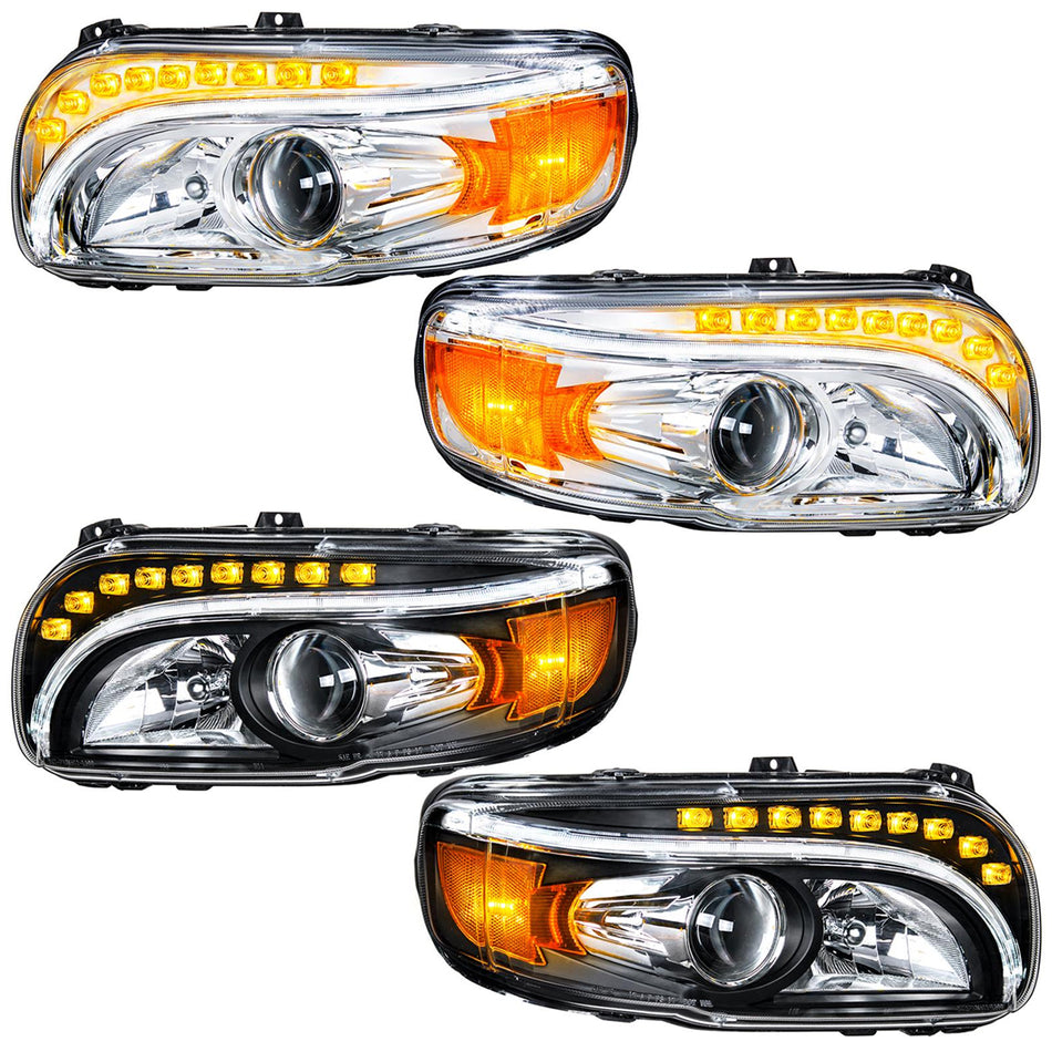 Peterbilt 388/389 Chrome or Blackout Projection Headlight with LED Turn Light